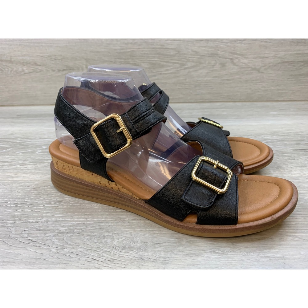 EuroSoft by Sofft Black Wedge Sandals Gold Buckle Strappy Women's 10 Shoes